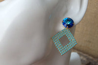 Rhombus Post Earrings. Blue Turquoise Rebeka Crystal Earrings. Gold Geometric Earrings. Blue Post Earrings. Turquoise Rhombus Earrings