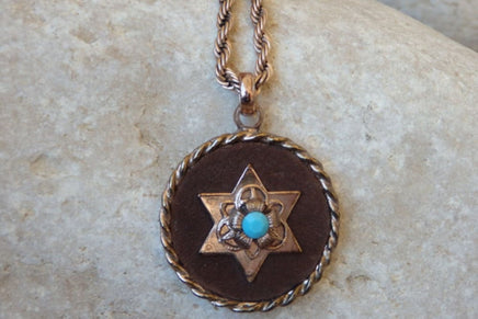 Star Of David Pendant Necklace. Judaica Jewelry. Turquoise Rebeka And Brown Necklace. Jewish Charms Symbolic Necklace. Leather Necklace.