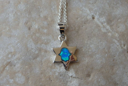 Star Of David With Blue Opal Hamsa Necklace