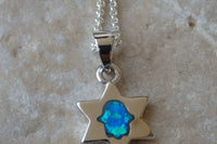 Star Of David With Blue Opal Hamsa Necklace