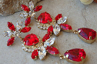 Rebeka Heart Earrings. Red White Earrings. Unique Earrings. Chandelier Earrings. Red Crystal Earrings. Romantic Ruby Bridesmaid Earrings