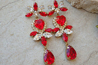 Rebeka Heart Earrings. Red White Earrings. Unique Earrings. Chandelier Earrings. Red Crystal Earrings. Romantic Ruby Bridesmaid Earrings