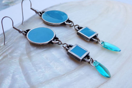 Turquoise Enamel Earrings. Teardrop Earrings. Dangle Earrings. Modern Jewelry. Bridesmaids Jewelry. Silver And Turquoise Earrings. For Wife.