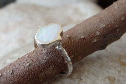 White Fire Opal Hamsa Ring