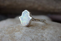 White Fire Opal Hamsa Ring