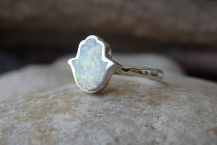 White Fire Opal Hamsa Ring