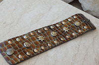 Wide Leather Bracelet With Rebeka. Brown Chunky Leather Cuff Bracelet. Handmade Wide Brown Snakeskin.leather Wristband With Snaps For Her