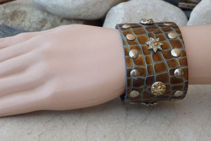 Wide Leather Bracelet With Rebeka. Brown Chunky Leather Cuff Bracelet. Handmade Wide Brown Snakeskin.leather Wristband With Snaps For Her