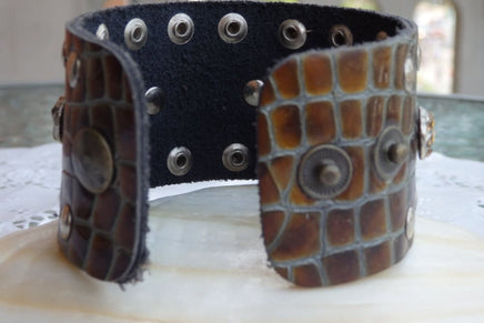 Wide Leather Bracelet With Rebeka. Brown Chunky Leather Cuff Bracelet. Handmade Wide Brown Snakeskin.leather Wristband With Snaps For Her
