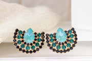 Green emerald black cluster earrings