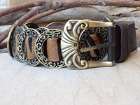 Tiger leather belt, Dark brown leather belt, Buckle leather belt, Women's leather belt, Circle metal ornamented belt, Tiger striped belt