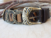 Tiger leather belt, Dark brown leather belt, Buckle leather belt, Women's leather belt, Circle metal ornamented belt, Tiger striped belt