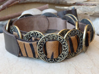 Tiger leather belt, Dark brown leather belt, Buckle leather belt, Women's leather belt, Circle metal ornamented belt, Tiger striped belt