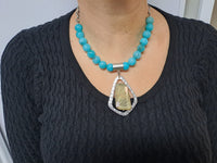 Turquoise Beaded Agate Necklace: Silver Plated Pendant, Woman Statement Necklace