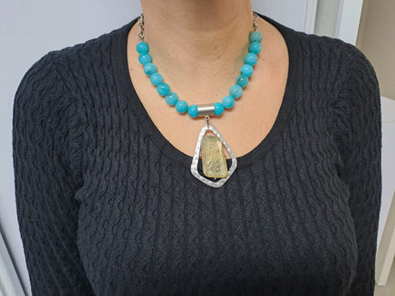 Turquoise Beaded Agate Necklace: Silver Plated Pendant, Woman Statement Necklace