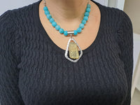 Turquoise Beaded Agate Necklace: Silver Plated Pendant, Woman Statement Necklace