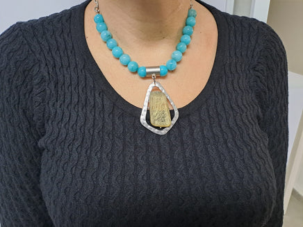 Turquoise Beaded Agate Necklace: Silver Plated Pendant, Woman Statement Necklace