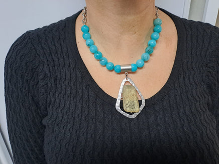 Turquoise Beaded Agate Necklace: Silver Plated Pendant, Woman Statement Necklace