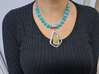 Turquoise Beaded Agate Necklace: Silver Plated Pendant, Woman Statement Necklace