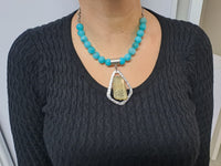 Turquoise Beaded Agate Necklace: Silver Plated Pendant, Woman Statement Necklace
