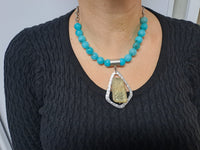 Turquoise Beaded Agate Necklace: Silver Plated Pendant, Woman Statement Necklace