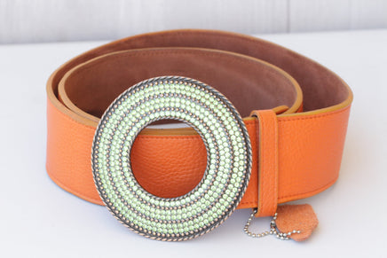 PINK LEATHER BELT, Boho Leather belt, Wide leather belt, Chunky Buckle Belt, Statement Large Belt, Green Peridot Circle Buckle, Women's Belt