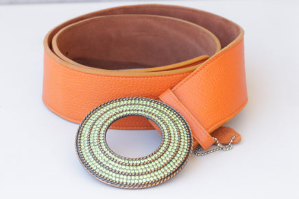 PINK LEATHER BELT, Boho Leather belt, Wide leather belt, Chunky Buckle Belt, Statement Large Belt, Green Peridot Circle Buckle, Women's Belt