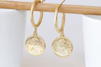 SILVER COIN EARRINGS, Coin Hoop Earrings, Coin Jewelry,Dangle Coin Statement Earrings, Antique Coin Earrings for Women gift, Silver or Gold