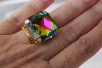 GREEN GOLD RING, Square Ring, Big Emerald Ring, Statement Ring, Colorful Large Ring, Adjustable Ring, Evening Green And Pink Cocktail Ring