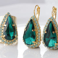EMERALD JEWELRY SET, Emerald Bridal Earrings, Large Drop Emerald Mint Earrings, Teardrop Earrings And Ring Set, Wedding Statement Jewelry