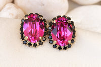 FUCHSIA BLACK EARRINGS, Hot Pink Stud Earrings, Dark Pink And Black Earrings,Teacher Earrings Gift, Wedding Fuchsia, Bridesmaid Oval Earring