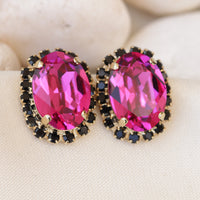 FUCHSIA BLACK EARRINGS, Hot Pink Stud Earrings, Dark Pink And Black Earrings,Teacher Earrings Gift, Wedding Fuchsia, Bridesmaid Oval Earring