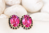 FUCHSIA BLACK EARRINGS, Hot Pink Stud Earrings, Dark Pink And Black Earrings,Teacher Earrings Gift, Wedding Fuchsia, Bridesmaid Oval Earring