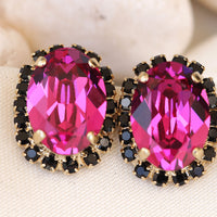 FUCHSIA BLACK EARRINGS, Hot Pink Stud Earrings, Dark Pink And Black Earrings,Teacher Earrings Gift, Wedding Fuchsia, Bridesmaid Oval Earring