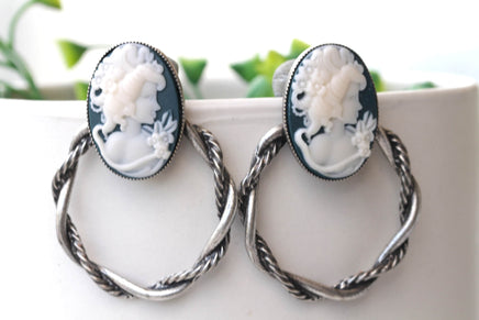 CAMEO EARRINGS, Blue Cameo Earrings, Antique Silver Earrings, Romantic Earrings, Vintage Cameo Earrings, Hoop Cameo Earrings Woman Earrings