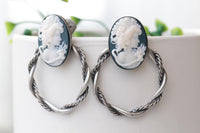 CAMEO EARRINGS, Blue Cameo Earrings, Antique Silver Earrings, Romantic Earrings, Vintage Cameo Earrings, Hoop Cameo Earrings Woman Earrings