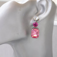 PINK FUCHSIA EARRINGS ,Pink Bridal Long Earrings, Bridesmaids Earrings, Gift For her, Octagon earrings, Light and Dark Pink Crystal Earrings