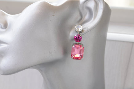 PINK FUCHSIA EARRINGS ,Pink Bridal Long Earrings, Bridesmaids Earrings, Gift For her, Octagon earrings, Light and Dark Pink Crystal Earrings