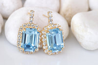 AQUAMARINE EARRINGS, Bridal Stud Earrings, Light Blue Crystals Earrings, Bridal Shower Evening Unique Earrings Gift,Bridesmaid Blue Earrings