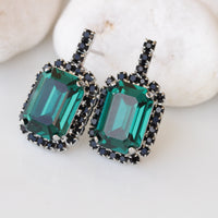 EMERALD BLACK EARRINGS, Bridal Stud Earrings, Black Green Crystals Earrings, Bridal Emerald Wedding Earrings, Bridesmaid Dark Green Earrings