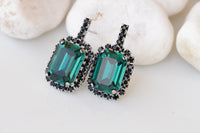 EMERALD BLACK EARRINGS, Bridal Stud Earrings, Black Green Crystals Earrings, Bridal Emerald Wedding Earrings, Bridesmaid Dark Green Earrings