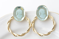 CAMEO EARRINGS, Blue Cameo Earrings,Gold Hoop Stud Earrings, Romantic Earrings, Vintage Cameo Earrings, Hoop Cameo Earrings, Gift For Her