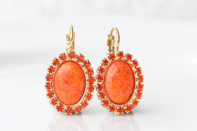 ORANGE OPAL EARRINGS, Opal Drop Earrings, Fire Opal Earrings, Christmas Gift, Oval Orange Earrings, Opal Gold Earrings, Unique Gift For Her
