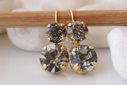 GRAY EARRINGS, Black Diamond Earrings, Dark Grey Earrings, Bridal Earrings,Woman Evening Drop Gold And Gray Earrings, Bracelet Earrings Set