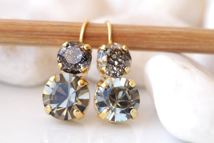 GRAY EARRINGS, Black Diamond Earrings, Dark Grey Earrings, Bridal Earrings,Woman Evening Drop Gold And Gray Earrings, Bracelet Earrings Set