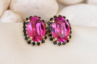 FUCHSIA BLACK EARRINGS, Hot Pink Stud Earrings, Dark Pink And Black Earrings,Teacher Earrings Gift, Wedding Fuchsia, Bridesmaid Oval Earring