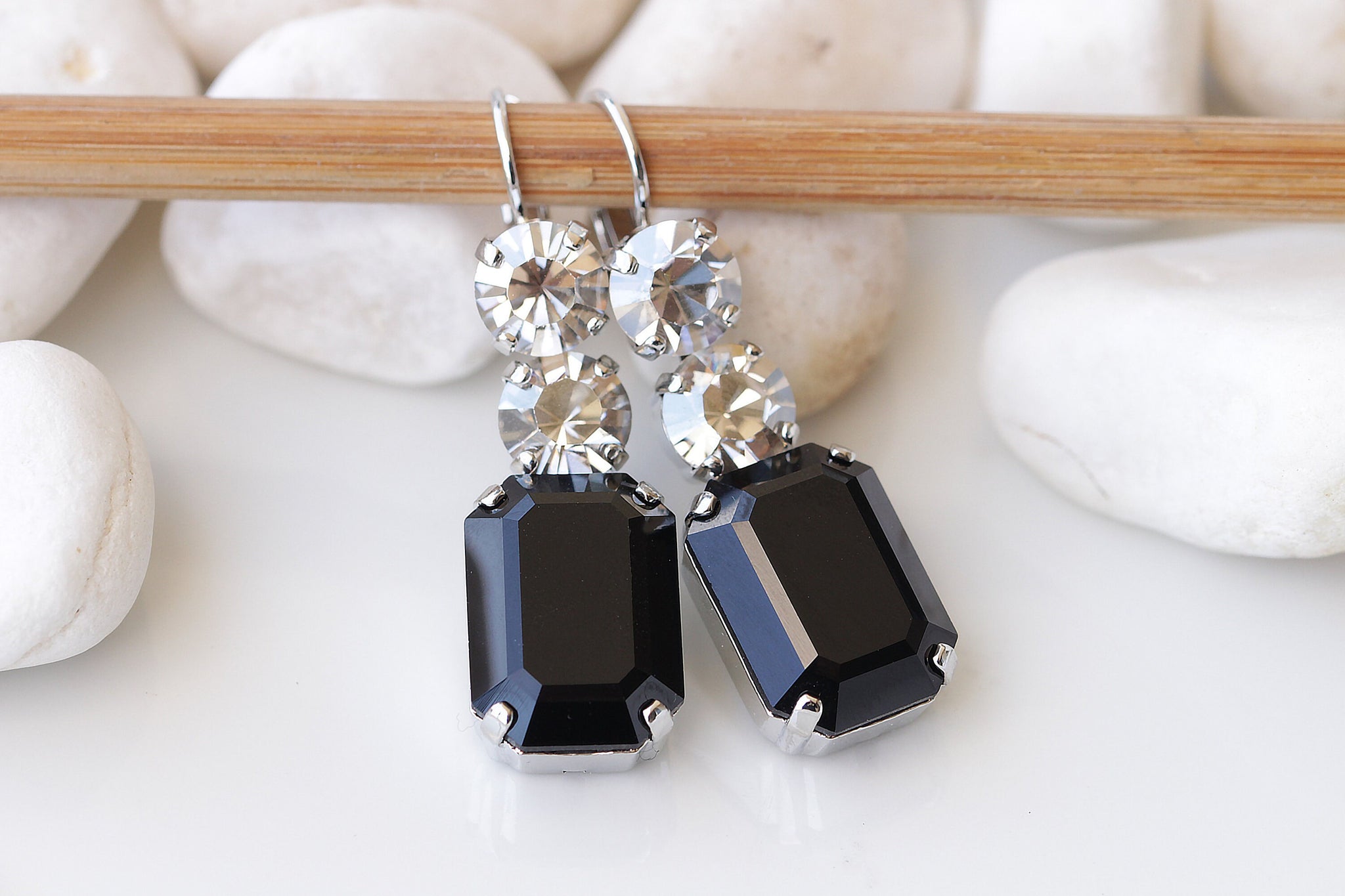 silver earrings for black dress Handmade 'Simply Black' earrings Sterling silver & Swarovski Crystal heart drop earrings. The perfect 'little black dress' earings!