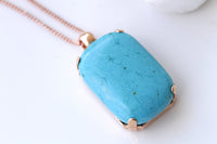 TURQUOISE NECKLACE, Turquoise Classic Pendant, Anniversary gift ,Blue Turquoise And Rose Gold Large Pendant, Simple Gemstone Necklace Gift