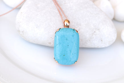 TURQUOISE NECKLACE, Turquoise Classic Pendant, Anniversary gift ,Blue Turquoise And Rose Gold Large Pendant, Simple Gemstone Necklace Gift