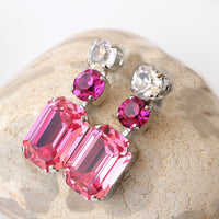 PINK FUCHSIA EARRINGS ,Pink Bridal Long Earrings, Bridesmaids Earrings, Gift For her, Octagon earrings, Light and Dark Pink Crystal Earrings